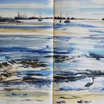 Heron, Glasson Dock. Watercolour sketch.