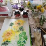 Painting dandelions, Art in the Park class.