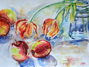 Tulips and apples still life. Watercolour. 2014