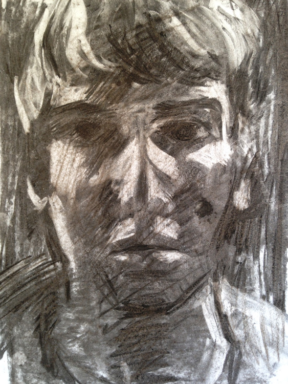 Charcoal portrait drawn using putty rubber