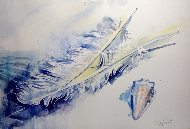 White feathers, watercolour sketch