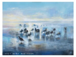Oil painting showing curlews on Morecambe Bay