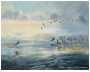 Oil painting of wading birds on Morecambe Bay