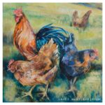 oil painting of a flock of chickens made using a palette knife