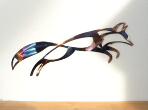 Heat coloured steel fox wall art