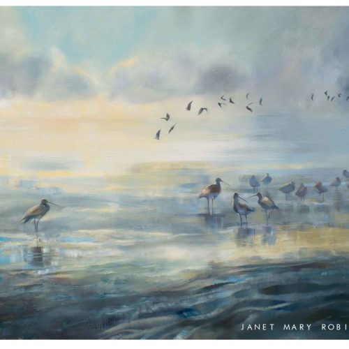 Oil painting of wading birds on Morecambe Bay